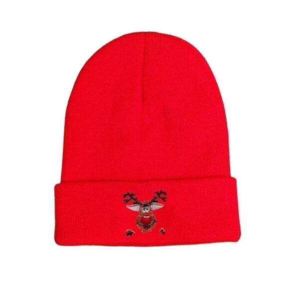 Reindeer Christmas Embroidered Knit  Beanie - Picture 1 of 8